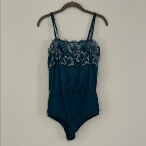 Elegant Lace Trim Teal Bodysuit